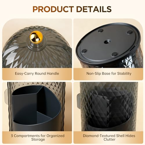 3 Slots Rotating Toothbrush Holders with Lid for Bathroom | Coverd Tooth Brush Holders for Countertop, Concealed Makeup Brush Holder, Toothpaste Holder-Black - color: Black