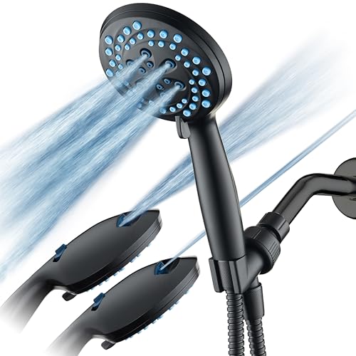 AquaCare New 8-mode High Pressure Handheld Shower Head w/ 2-way Power Wash | Stay Clean Nozzles, Dual Power Wash for Tub, Tile & Pets, Long 6 ft. Stainless Steel Hose, Wall & Overhead Brackets / Black - color: Black