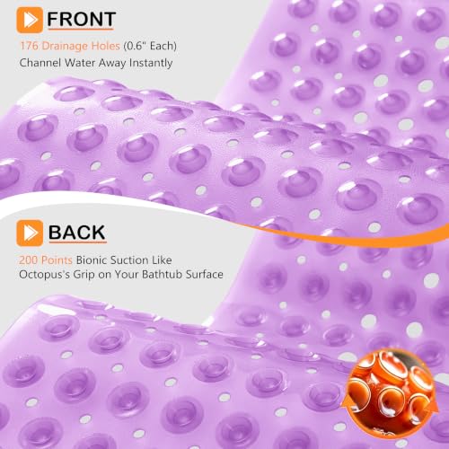 Yimobra Non Slip Bathtub Mat 40 x 16 Inch, Extra Long Shower Mat with Drain Holes, Machine Washable Baby Bath Mats, Strong Suction Cups for Bathroom Floor, Clear Purple - color: Clear Purple