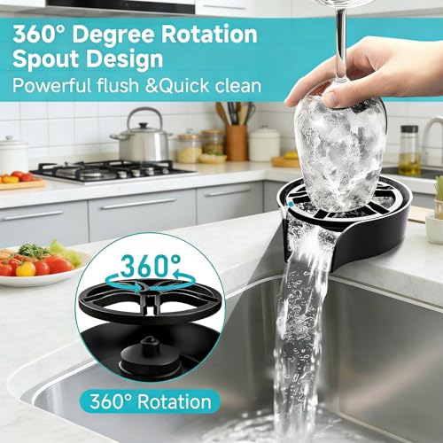 Glass Rinser for Kitchen Sink, Cup Cleaner Sink Attachment, Cup Rinser for Sink High Pressure Cup Washer with Pull-out Spray, Bar Cafe Restaurant Bottle Rinser, 360 Degree Rotating Quick Clean (Black)