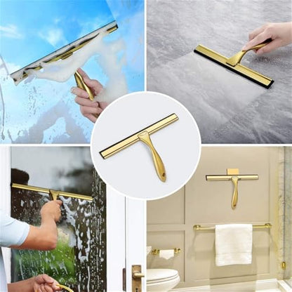 Gold Stainless Steel Shower Squeegee Window Glass Wiper Silicone Scraper Cleaner Brush Self Adhesive Hook for Kitchen Bathroom,Gold,10inch - size: 10inch
