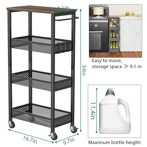 XYZLVSI Slim Rolling Storage Cart, 4 Tier Small Bathroom Cart Organizer | 9.1" W narrow storage cabinet with wooden top and metal handle, ideal for kitchen/dorm, between washer and dryer storage - size: 16.7"Dx9.1"Wx34"H