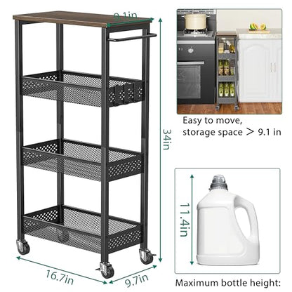 XYZLVSI Slim Rolling Storage Cart, 4 Tier Small Bathroom Cart Organizer | 9.1" W narrow storage cabinet with wooden top and metal handle, ideal for kitchen/dorm, between washer and dryer storage - size: 16.7"Dx9.1"Wx34"H