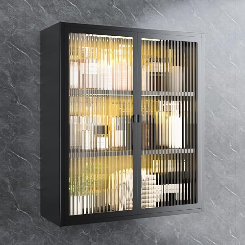 Metal Bathroom Wall Storage Cabinet,Hanging Medicine Cabinets with 2 Glass Doors,Black 3-Tier Over The Toilet Cabinet Wall Mounted,Wall Cabinet for Bathroom Laundry Room Kitchen - color: Black New