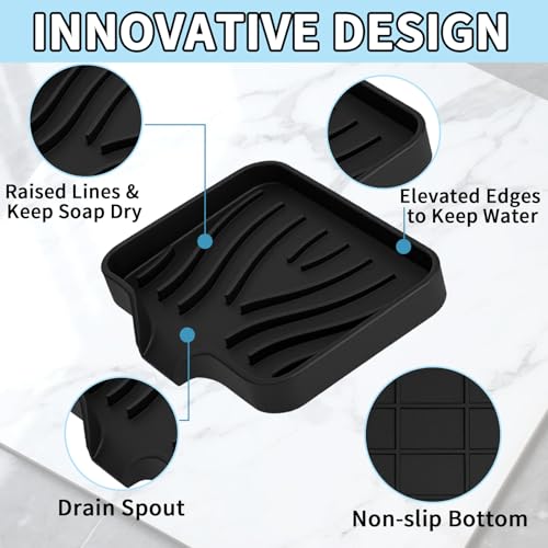 2 Pack Silicone Soap Dish with Drain, Self Draining Bar Soap Holder for Shower, Silicone Dish Soap Tray, Bathroom and Kitchen Sink Organizer, Black - color: Black