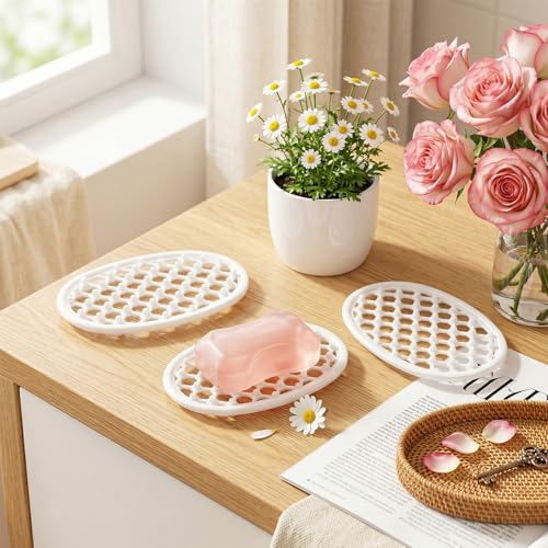 3PCS Soap Dish with Drainage Holes, Self Draining Silicone Soap Holder for Shower, Non-Slip Soaps Dish Tray for Bathroom Sink, Small Bar Soaps Saver Pad for Niche/Shelf Bathtub