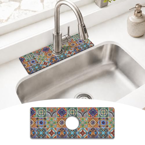 Mexican Ceramic Tile Kitchen Sink Splash Guard Faucet Mat,Faucet Non-slip Absorbent Mat,Farmhouse Sink Splash Guard Behind Faucet for Kitchen Bathroom, 15"x5.5" - color: Drying Faucet Mat 5