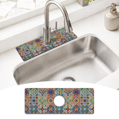 Mexican Ceramic Tile Kitchen Sink Splash Guard Faucet Mat,Faucet Non-slip Absorbent Mat,Farmhouse Sink Splash Guard Behind Faucet for Kitchen Bathroom, 15"x5.5" - color: Drying Faucet Mat 5