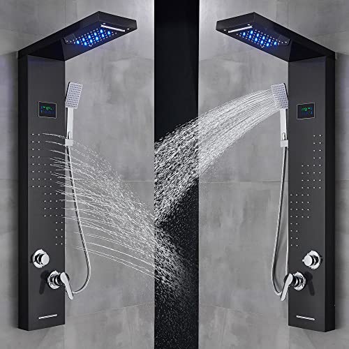 Black Shower Panel Tower System Led Rain Head Combination Massage Body Jets Faucet Shower Column