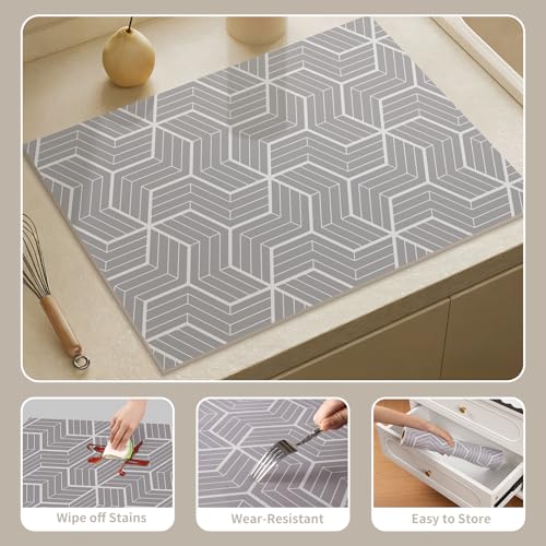 Absorbent Kitchen Counter Mat Fast-Drying Cuttable Coffee Mat Geometric Design for Kitchen Bathroom Pet Feeding Area(Hexagon Grid,Gray)