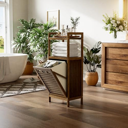 HITNET Bamboo Tilt Out Laundry Hamper, Bathroom Storage Cabinet with Hidden Removable Basket and 2 Open Shelves, Space Saving Bamboo Storage for Clothes, Towels and Toys, Walnut - color: Walnut