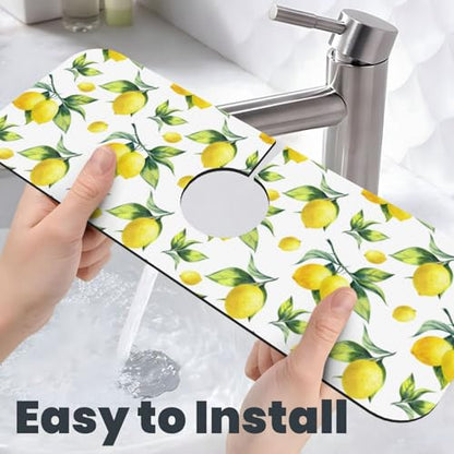 Yellow Lemon Green Leaves Kitchen Sink Splash Guard Faucet Mat Super Absorbent Fast Drying Mat Sink Gadgets-Fast Drying Pad Sink Mat For Kitchen Bathroom (15" X 5.5" ) - color: Yellow Lemon Green Leaves