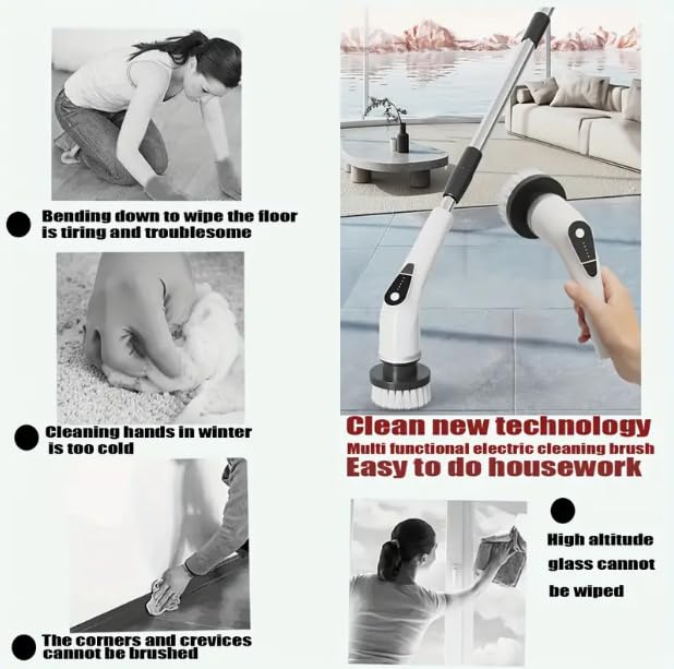 Electric Spin Scrubber, 5-Speed Power Spin Cleaner with 8 Replaceable Brush Heads, IPX7 Waterproof, Adjustable Extension Handle, Large Battery for Bathroom, Shower, Tile, and Floor Cleaning