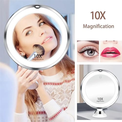 Generic Magnifying Makeup Mirror with 10X Magnification, 14 LED Lights, 360 Degree Rotation, Portable with Suction Cup, Magnifying Mirror with Light, Travel Vanity Mirror, White