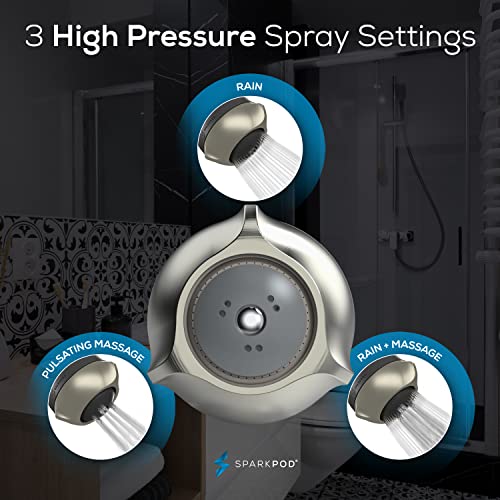 SparkPod High Pressure Shower Head, 3 Inch Fixed Showerhead, Brushed Nickel | Rain, Pulsating & Combo Modes, Helps Boosts Low Water Pressure, Anti-Clog Nozzles, Easy Install - color: Chrome