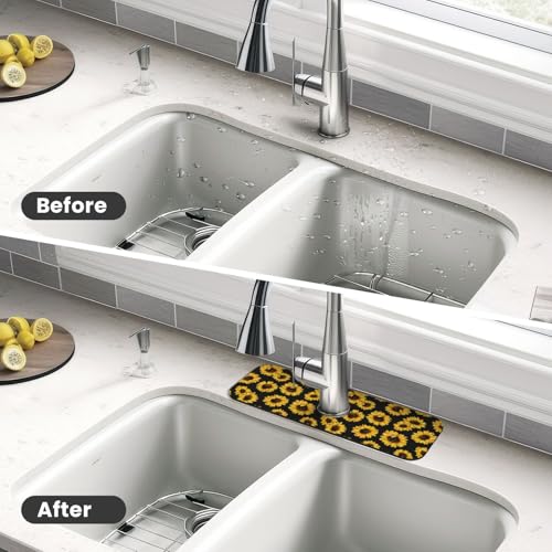 Diatomite Faucet Mat for Kitchen Fast Drying Sink & Bathroom Counter, Super Absorbent Water Sink Protectors Prevent Moisture Buildup, Sink Splash Guard 15×5.5 Inch Sunflower Pattern - color: Sunflowers2