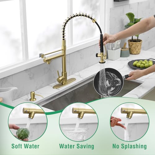 Fapully Commercial Kitchen Sink Faucet with Pull Down Sprayer Brushed Gold | Single Handle Faucets for Kitchen Sink, Kitchen Faucet with Soap Dispenser and Deck Plack for 4 Holes, 1.8GPM Water Flow - color: Brushed Gold, style: Contemporary