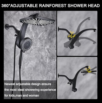 12" High Pressue Rain Shower Head with Handheld, 9 Sprays Hand Showerhead | Shower Heads with Handheld Spray Combo, Dual Head, Built-in Magnetic Docking, Power Jets, 59" Shower Hose, Black 1.75GPM - color: Black