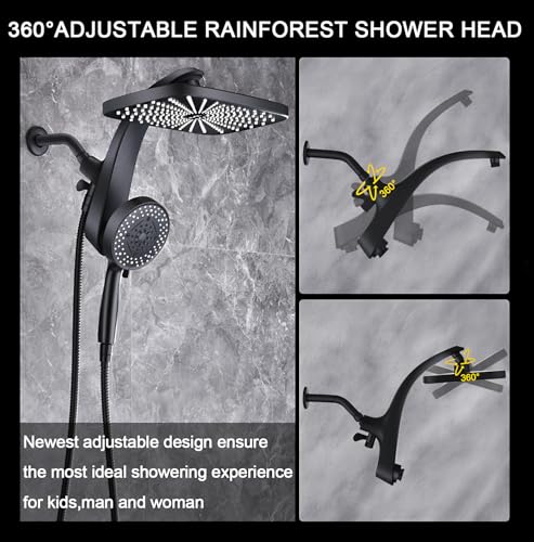 12" High Pressue Rain Shower Head with Handheld, 9 Sprays Hand Showerhead | Shower Heads with Handheld Spray Combo, Dual Head, Built-in Magnetic Docking, Power Jets, 59" Shower Hose, Black 1.8GPM - color: Black