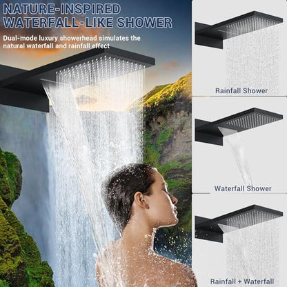 Luxury Thermostatic Rain & Waterfall Shower System with 22” Rain Shower Head & 6 Body Jets, Wall Mounted Shower Faucet Sets with Handheld Sprayer, 3/4” Inlet Thermostatic Valve - color: Matte Black