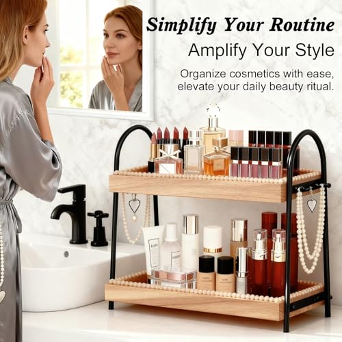 Bathroom Vanity Organizer Countertop 2-Tier Waterproof 20+ Bottles 8 Hooks | Tall space large perfume/skincare bottles, vanity/bathroom/dresser, paulownia wood, hooks keep jewelry neat, non-slip base - color: A-Large&Medium-Black & Light Brown