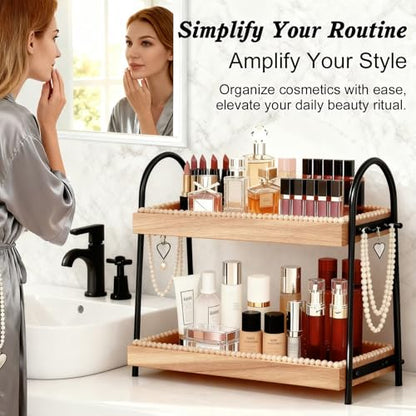 Bathroom Organizer Countertop Tall 2-Tier Waterproof 20+ Bottles 8 Hooks | Tall design for family bathroom/vanity, fits tall perfume/skincare, paulownia wood shelf, 8 hooks keep jewelry tidy, non-slip - color: B-large-black & Light Brown