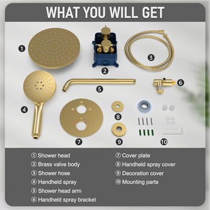 Iriber Thermostatic Shower System Wall Mount with 10 Inch Roud Rainfall Shower Head and Handheld,Shower Faucet Mixer Trim Kit (Valve Included),Brushed Gold - color: Brushed Gold 03