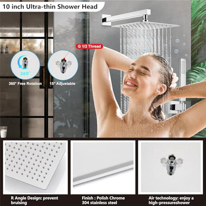 Midanya Shower Faucet Set with Handheld Sprayer,10 Inch,Polish Chrome | Rough-in Shower Valve and Trim Kit Included,Square Rain Head,Wall Mount Shower System,All Metal,Bathroom - color: Chrome, size: 10 Inch