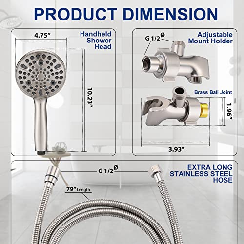 High Pressure 10-Setting Handheld Shower Head, 5" Detachable Shower Spray, 79" Extra Long Stainless Steel Hose, Adjustable Bracket - Brushed Nickel - color: Brushed Nickel