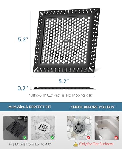 Square Shower Drain Hair Catcher, Anti-Clogging, Black, 4 inch | Fast Drainage, Anti-Slip & Stays in Place, Stainless Steel & TPE Material, Easy Clean Fits Bathroom Hair Catcher for Shower - color: Matte Black, size: 4 inch