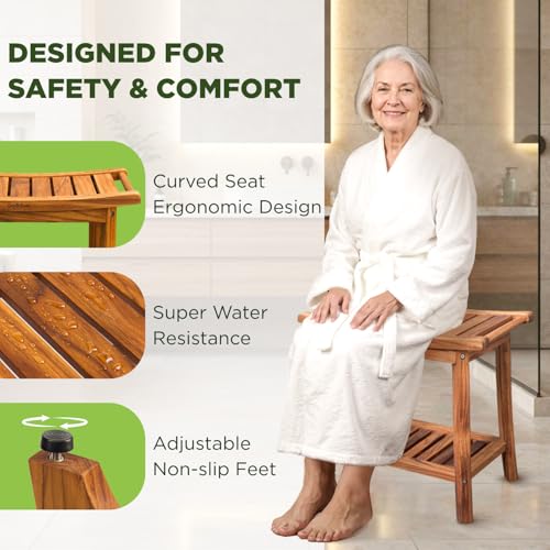 Premium 22" Teak Wood Shower Bench with Shelf, 2-Tier Waterproof | Teak Shower Stool, Non-Slip Feet for Enhanced Safety, Spa Bath Seat for Bathroom, Indoor & Outdoor Use, 300 lb Capacity