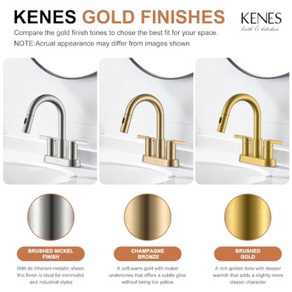 Brushed Gold Centerset 2 Handle Bathroom Faucet with Pull Out Sprayer | Pull Down Bathroom Faucet with Pop Up Drain & Supply Lines, Lead-Free cUPC & NSF Certified, 3 Hole Faucet for Vanity RV Bar - color: Brushed Gold