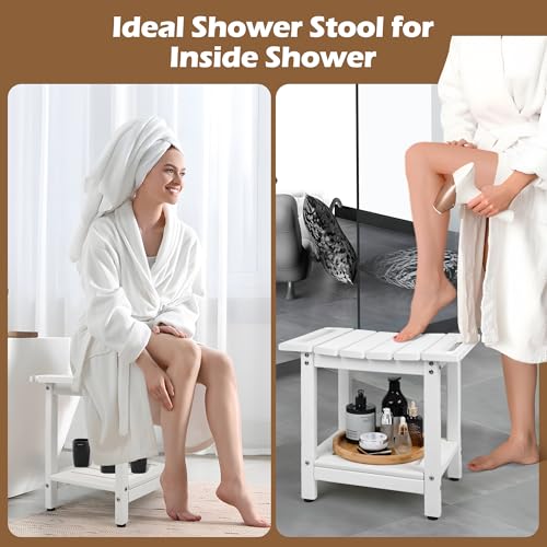 Shower Bench, HDPE Waterproof Shower Chair for Inside Shower | Heavy-Duty Shower Bench with Non-Slip Adjustable Feet & Storage Shelf, Stable Bathroom Stool for Shaving Legs, White - color: White