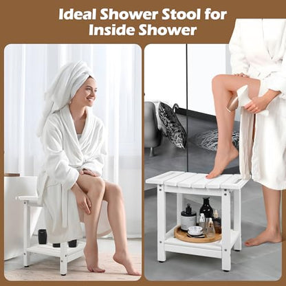 Shower Bench, HDPE Waterproof Shower Chair for Inside Shower | Heavy-Duty Shower Bench with Non-Slip Adjustable Feet & Storage Shelf, Stable Bathroom Stool for Shaving Legs, White - color: White