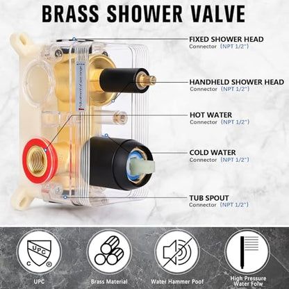 12 Inch Rainfall Shower System with Tub Spout Wall Mounted Complete Combo with Solid Brass Pressure Balancing Valve, High Pressure Shower Head, Handle Set & Installation Accessories Matte Black - color: Black