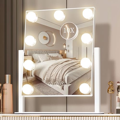 Vanity Mirror with Lights, Makeup Mirror with Lights,3 Color Lighting Modes Detachable 10X Magnification Mirror Touch Control,360°Rotation, White. - color: White, size: 12"L x 14.4"W