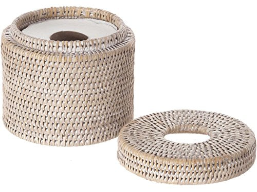 KOUBOO La Jolla Rattan Toilet Paper Holder with Lid, White Wash, Bathroom | Handwoven natural texture, freestanding design, concealed roll storage, easy-access opening, decorative bathroom accent