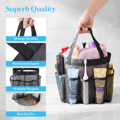 Lifewit Mesh Shower Caddy Portable for College Dorm Room Essentials with 7 Pockets, Freestanding Hanging Organizer Basket, Quick Dry Tote Bag for Camping, Bathroom, Beach, Travel, 1 Pack, Black | 2 Handles, Freestanding, Quick Dry Tote Bag, 7 Pockets, for
