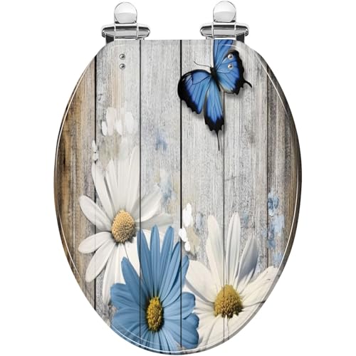 Elongated Toilet Seat Flower Shower Daisy Wild Rustic Floral Blue Daisies Butterfly Wooden Art Resin Toilet Seat with Cover Easy to Install Quietly Close Quick Release Hinges Decorative - color: pattern9, size: V-shape
