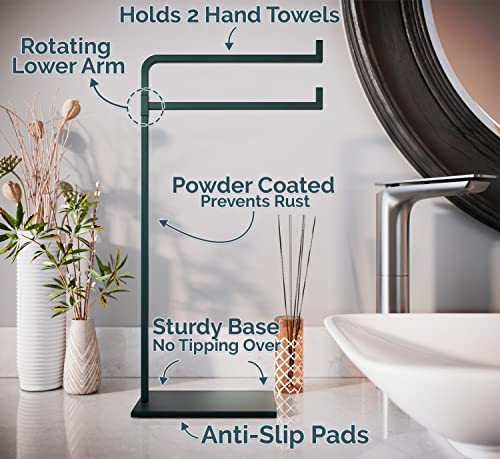 Hand Towel Holder for Bathroom Countertop, 17" Tall, Freestanding, Non-Slip | Holds 2 Full Size Hand Towels, Fingertip, Washcloth - Rotating Lower Arm - Rust Resistant - Sturdy Base with Anti-Slip Pads