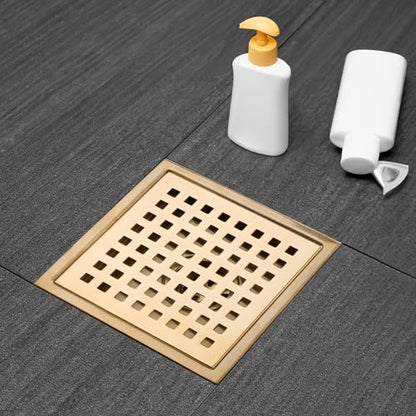 Square Shower Drain Gold Brushed 6 inch with Removable Grid Panel | AISI 304 Stainless Steel Shower Floor Drain with Detachable Hair Catcher Flange Lifting Hook Fits Bathroom Balcony Kitchen - color: Gold, size: 6 inch+Base