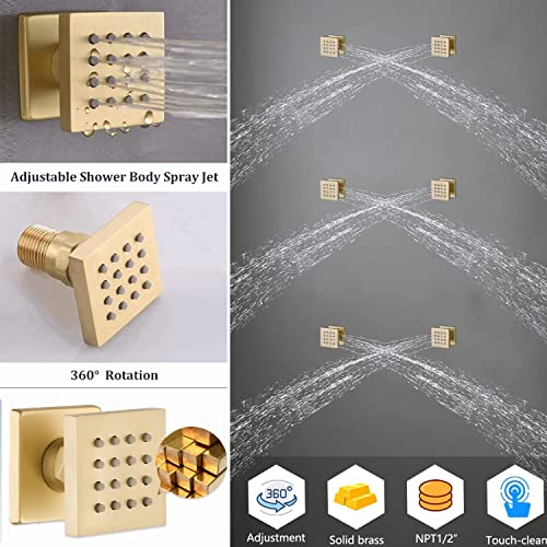 Brushed Gold Shower System with 16 X 24inch Large Triple Function Rain Waterfall Mist Shower Head, Ceiling Shower Faucet Fixtures Set with Thermostatic Shower Valve and 6PCS Shower Body Jets - color: Brushed Gold