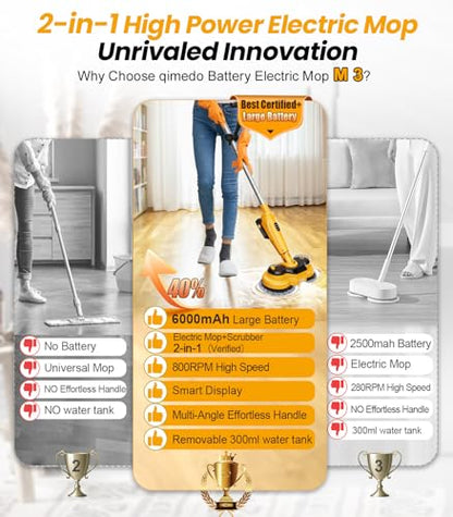 qimedo Cordless Electric Mop M3, 6000mAh, 2-in-1 Power Scrubber & Mops | 800RPM Floor Scrubber Machine, Automatic Spin Mops with Smart Display, Rotating Mop with LED Light & Water Spray