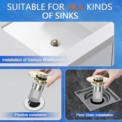 Bathroom Sink Drain Strainer,(3PCS) Pop-up Sink Drain Strainer with Removable Stainless Steel Strainer Basket Hair Catcher, Bathroom Sink Strainer for Bathroom Sink Stopper Replacement - color: 3, Brushed Gold