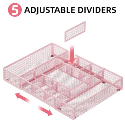 Marbrasse Expandable Desk Drawer Organizer, Mesh Tray with 10 Adjustable Compartments, Desk Organizers for Office Supplies, Makeup & Vanity (Expandable-Pink) - color: Expandable-Pink