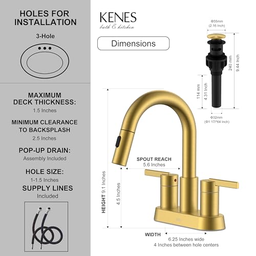 Brushed Gold Centerset 2 Handle Bathroom Faucet with Pull Out Sprayer | Pull Down Bathroom Faucet with Pop Up Drain & Supply Lines, Lead-Free cUPC & NSF Certified, 3 Hole Faucet for Vanity RV Bar - color: Brushed Gold