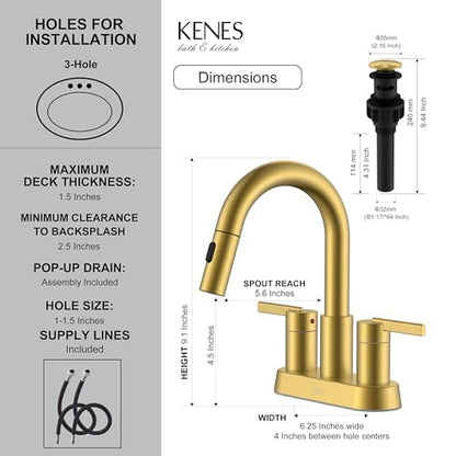 Brushed Gold Centerset 2 Handle Bathroom Faucet with Pull Out Sprayer | Pull Down Bathroom Faucet with Pop Up Drain & Supply Lines, Lead-Free cUPC & NSF Certified, 3 Hole Faucet for Vanity RV Bar - color: Brushed Gold