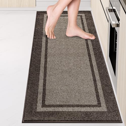 Kitchen Rugs 24" x 70", Non-Slip Machine Washable Kitchen Runner Rugs Floor Mats, Absorbent Comfort Standing Mats for Kitchen, Sink, Laundry and Hallway, Rolled Packaging, Grayish Brown & Coffee - color: Grayish Brown & Coffee, size: 24" X 70"