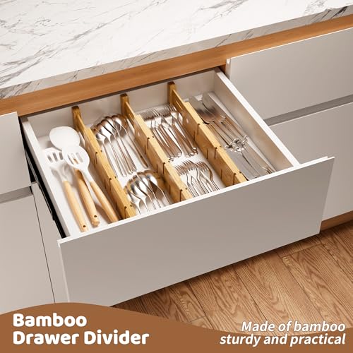 Bamboo Drawer Dividers with Inserts kitchen drawer organizer Adjustable Expandable 8 Pack Organizer Set for Kitchen Bedroom Bathroom Office 8 Dividers with 16 Inserts (Natural, Small (14-19IN))