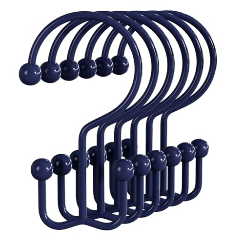 Bathway Shower Curtain Hooks Blue Shower Curtain Rings, 12 Pcs Double Hook Shower Curtain Hooks Rings Shower Curtain Hangers Rust Proof, Metal Shower Hooks for Bathroom Shower Curtain Rod - color: Blue, style: Minimalist